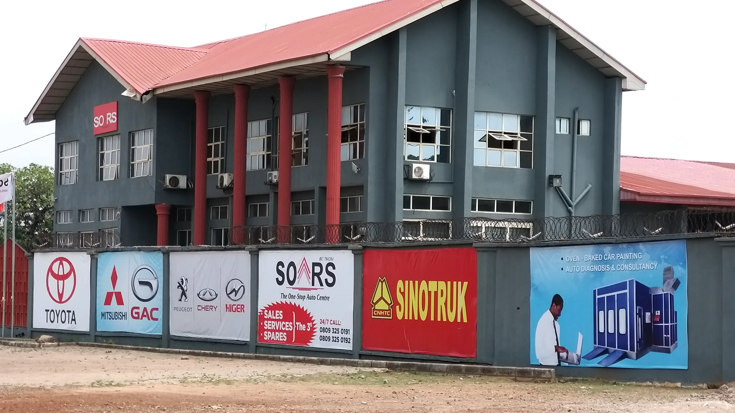 Soars Auto company building and branded frontage in Enugu